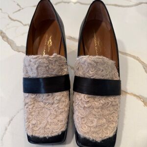 Black Leather & Beige Shearling Block-Heel Loafers